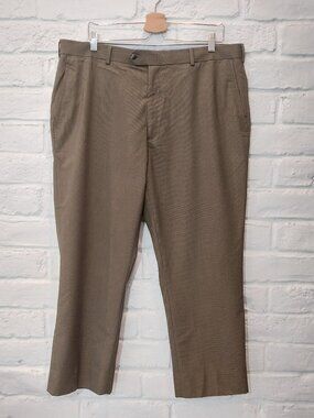 R & Y Travel Smart Pants Mens 38x26 (38x29) Brown Houndstooth Flat Front Stretch